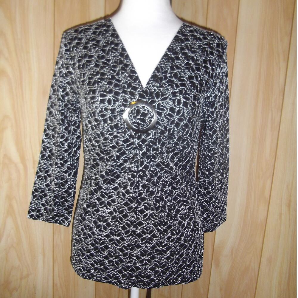 Josephine Chaus Vintage Black Embroidered V-Neck 3/4 Sleeve Top S